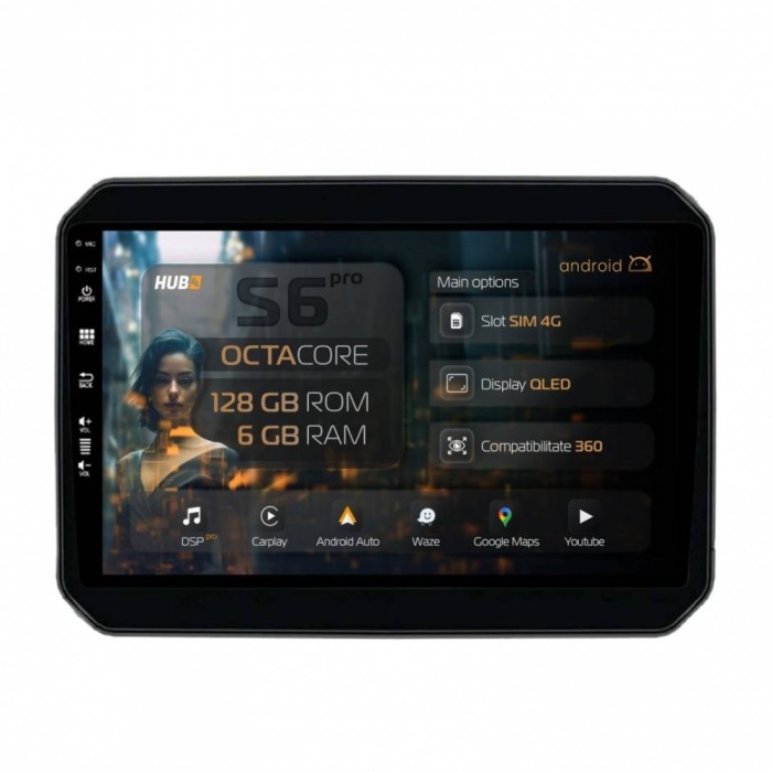 Navigatie Suzuki Ignis (2016+) 6GB RAM Android 13 Octacore Slot Sim 4G DSP GPS Wi-FI Carplay Android Auto USB Bluetooth Waze Touchscreen 9 Inch
