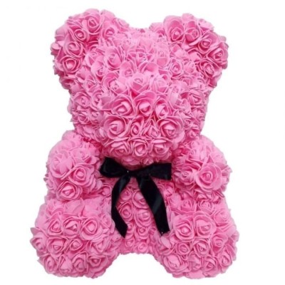 Ursulet floral FOXMAG24, confectionat din trandafiri de spuma, 40 cm, cutie decorativa inclusa, in degrade, roz foto