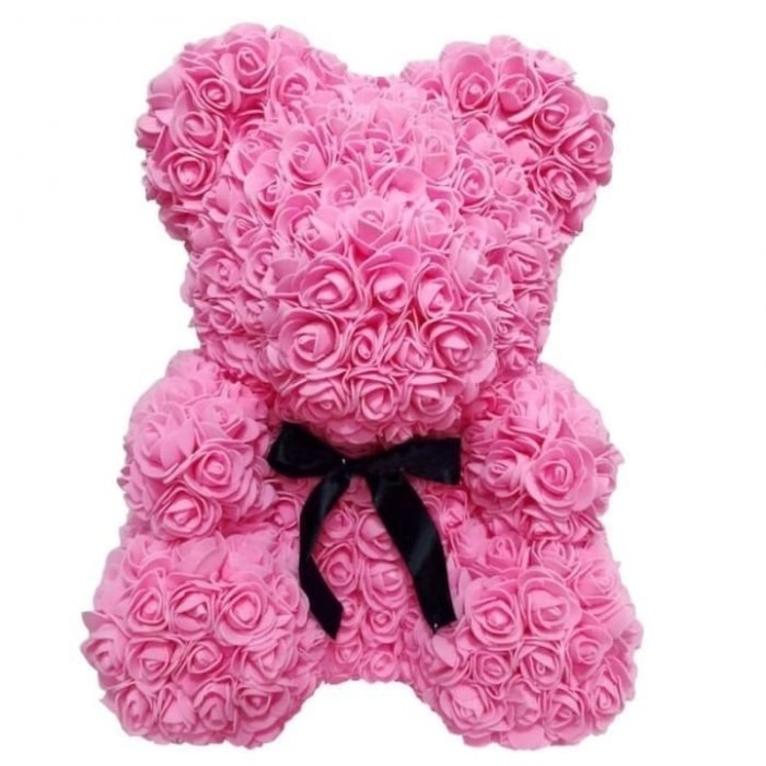 Ursulet floral FOXMAG24, confectionat din trandafiri de spuma, 40 cm, cutie decorativa inclusa, in degrade, roz