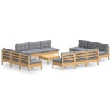 Set mobilier gradina cu perne, 13 piese, gri, lemn de pin