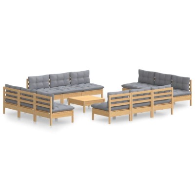Set mobilier gradina cu perne, 13 piese, gri, lemn de pin foto
