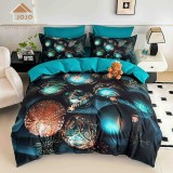 Cumpara ieftin Lenjerie pat de Craciun cu elastic,pat dublu,bumbac finet,6 piese, imprimeu 5D globuri turcoaz si aurii-A1240