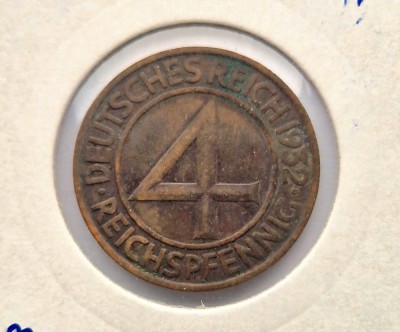 Germania 4 Reichspfennig 1932 A moneda bronz km # 75 foto