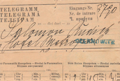 1918 Bucovina - Telegrama trilingva Cernauti, stampila liniara + vigneta sigiliu foto