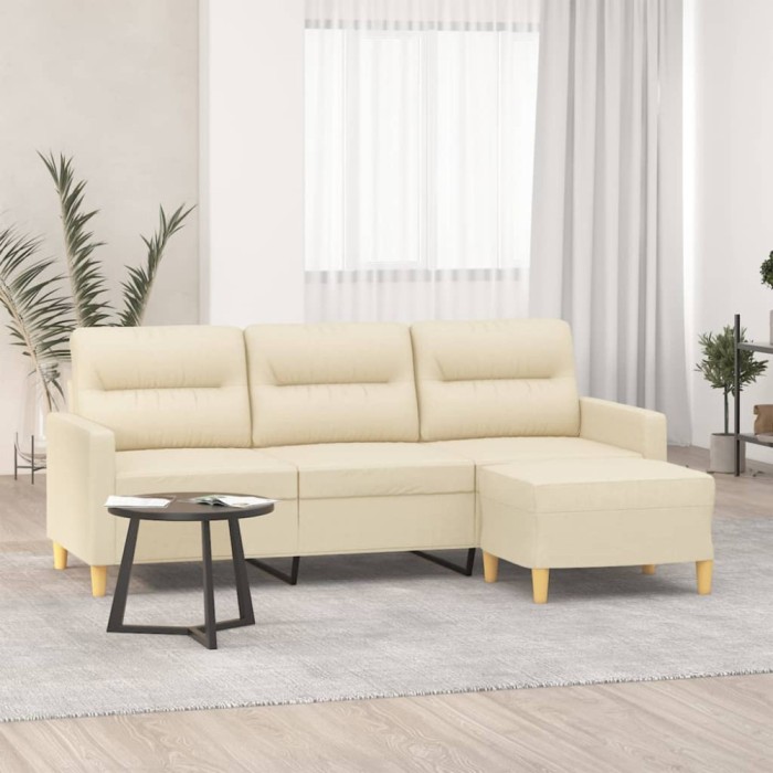 vidaXL Canapea cu 3 locuri cu taburet, crem, 180 cm, material textil