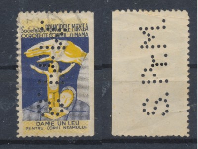 ROMANIA anii 1920 timbru fiscal 1 Leu Principele Mircea cu perforatia (perfins) a Societatii - S.Pr.M. - anulat poștal foto