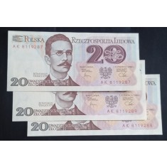 Polonia, 3 x 20 Zlotych 1982, UNC, Consecutive.