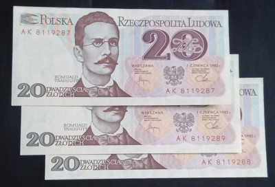 Polonia, 3 x 20 Zlotych 1982, UNC, Consecutive. foto