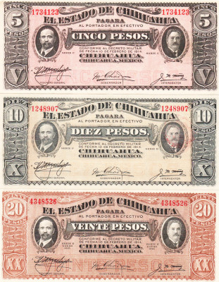 Mexic Set 5-10-20 Pesos Chihuahua 1914-15 UNC foto