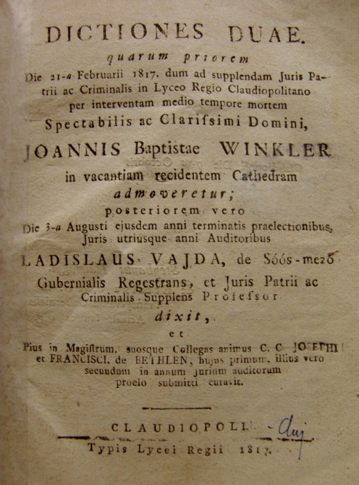 Vasile Vaida, DOUĂ CUV&Acirc;NTĂRI DE INTERES JURIDIC, Cluj, 1817