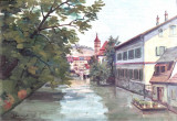 Tablou &ndash; pictură, Peisaj citadin cu canal, semnat