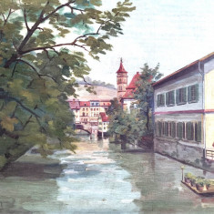 Tablou – pictură, Peisaj citadin cu canal, semnat