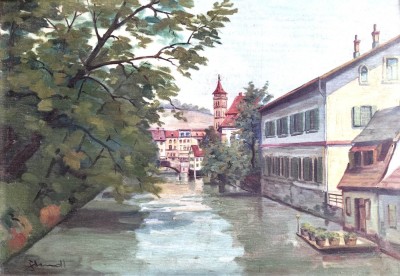 Tablou &amp;ndash; pictură, Peisaj citadin cu canal, semnat foto
