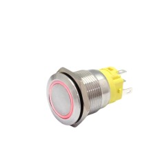 Buton push iluminat cu mentinere, 5A 12V DC, 19mm, IP67, metalic, inel LED rosu, 5 pini, FLM19-FJ-1-EX000-N11Z5-RED