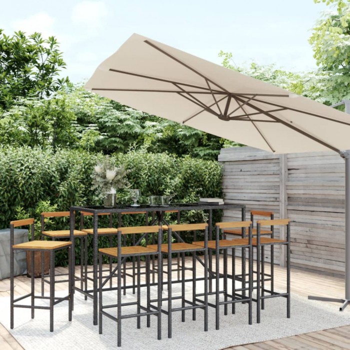 Gossi set bar pentru gradina, 11 piese, negru, poliratan/lemn acacia