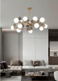Candelabru vintage, 12 globuri albe x E27 + 36 petale gri, diametru 95cm, inaltime 70cm, culoare corp auriu