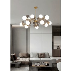 Candelabru vintage, 12 globuri albe x E27 + 36 petale gri, diametru 95cm, inaltime 70cm, culoare corp auriu