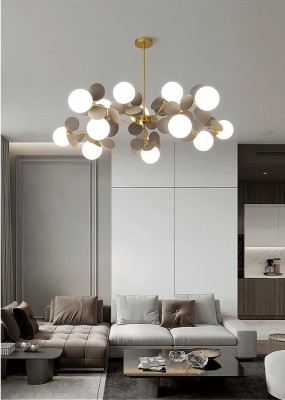 Candelabru vintage, 12 globuri albe x E27 + 36 petale gri, diametru 95cm, inaltime 70cm, culoare corp auriu foto