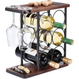 Raft pentru vin cu suport pentru sticla, din lemn si metal, pentru 6 sticle, cu suport pentru 2 pahare, maro/negru