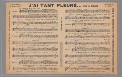 CPIB 23864 CARTE POSTALA - PARTITURA MUZICALA - &amp;quot;J&amp;#039;AI TANT PLEURE&amp;quot;, NECIRCULATA, PARIS foto