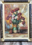 Cumpara ieftin D. Niculescu-Cană cu garoafe - pictură rom&acirc;nească deosebită, impasto, Flori, Ulei, Fauvism