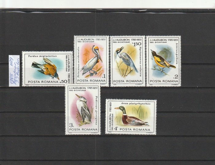 ROMANIA 1985 LP 1129 PASARI OCROTITE BICENTENARUL AUDUBON SERIE MNH NESTAMPILATA