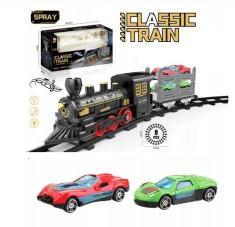 Trenulet electric cu sunete, lumini, fum si 2 masinute metalice