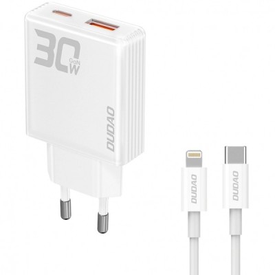 Incarcator Retea Cu Cablu Lightning Dudao A30EUL, 30W, 3A, 1 x USB-A - 1 x USB-C, Alb foto