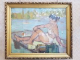 G. Marculescu 1960 - Femeie in costum de baie. Tablou (1960, dimensiune 57 x 67 cm cu rama)