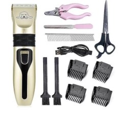 Set Masina De Tuns Animale, 12 piese, Cleste Unghii, Foarfeca, Pieptan si Pilit, Caini, Pisici, Fara Fir, Auriu Negru