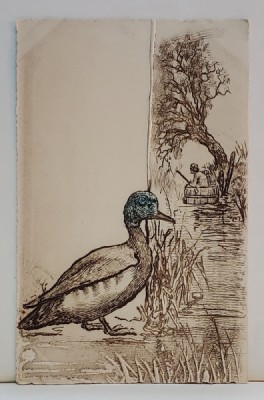 LA PESCUIT , CARTE POSTALA EMBOSATA , REPRODUCEREA UNEI GRAVURI , CLASICA foto