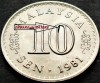 Moneda exotica 10 SEN - MALAEZIA, anul 1981*cod 5325 = UNC + ERORI REVERS AVERS, Asia