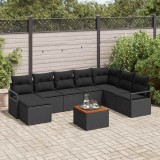 Set canapea grădină 9 pcs Negru &Icirc;ntins Rattan poli, lemn