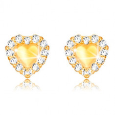 Cercei din aur galben 375 - inimă plină simetrică, marginede zirconii transparente