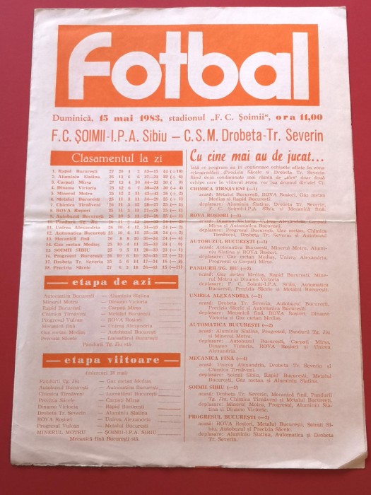 Program meci fotbal FC &quot;SOIMII&quot; IPA SIBIU-CSM DROBETA TURNU-SEVERIN(15.05.1983)