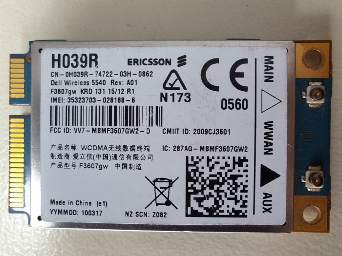 Modul card WWAN 3G Ericsson H039R, Dell Wireless 5540, F3607GV