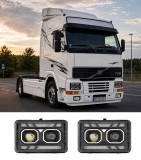Set faruri LED stanga + dreapta cu lupe pentru Volvo FH12 FM10 FM12 FH16 (Generatia 1) 24V, DRL Alb + Portocaliu, Startup Effect