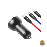 Incarcator Auto Cu Cablu Lightning - microUSB - USB-C Baseus Digital Display 24W 2.4A 2 x USB-A Gri TZCCBX-0G