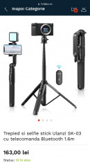 Trepied reglabil telefon si selfie stick 1.6 m cu telecomanda Ulanzi NOU foto