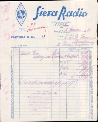 A2643N Factura Sierra Radio reprezentant Nic C Tănăsescu, București, 1943 foto