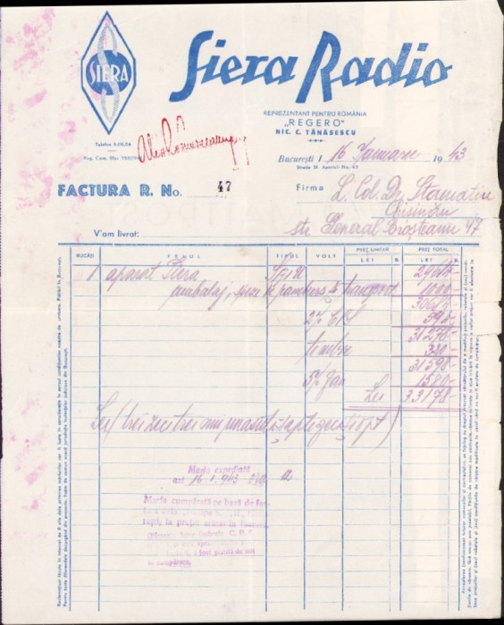 A2643N Factura Sierra Radio reprezentant Nic C Tănăsescu, București, 1943