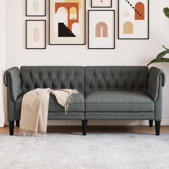 vidaXL Canapea Chesterfield cu 2 locuri, gri &icirc;nchis, material textil