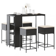 vidaXL Set mobilier bar de grădină cu perne, 5 piese, negru, poliratan foto