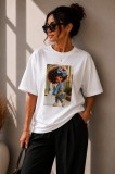 Tricou dama alb din bumbac cu imprimeu fetita cu poseta cu aplicatii perlute