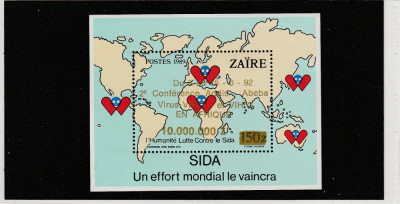 Zair 1990-Lupta umanitatii contra SIDA,colita dantelata ,MNH,Bi.Bl.58 foto