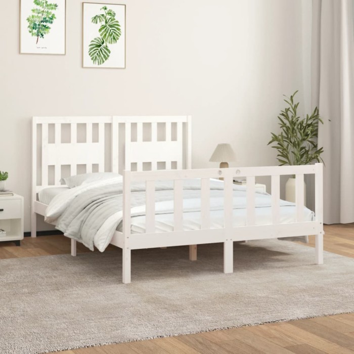 vidaXL Cadru de pat cu tăblie, alb, 140x200 cm, lemn masiv de pin 3188167