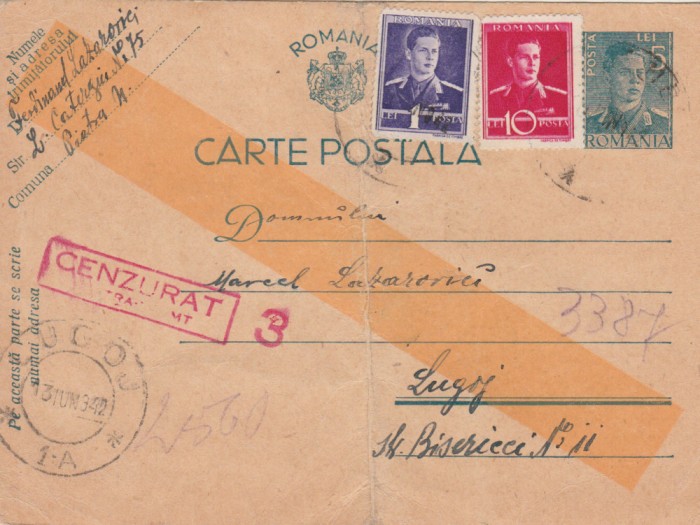 1942 Romania WW2 - Carte postala, intreg cu stampila de cenzura PIATRA NEAMT 3