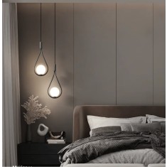 Lustra pe cablu, lacrima, 2 globuri sticla alb, corp negru, dulie E14, lungime reglabila maxim 1.2 m