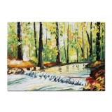 Tablou peisaj din padure cu parau pictat manual, Colt de rai, 70x50cm ulei pe panza in cutit efect 3D