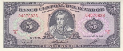 Bancnota Ecuador 5 Sucres 22.11.1988 - P113d UNC foto